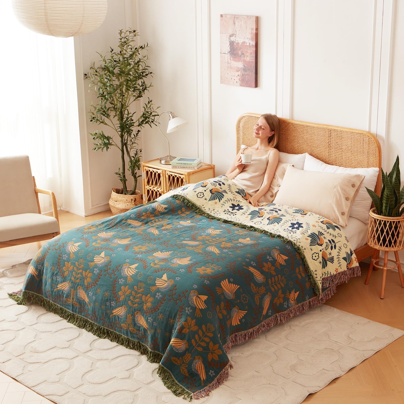 King Throw Blanket for Bed 100% Cotton Boho Soft Rustic Quilt Birds and Flora…