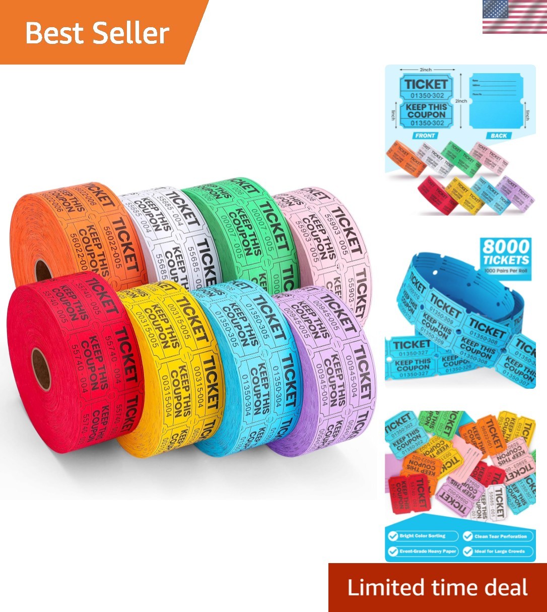 8000 Pairs Raffle Tickets, 50/50 Double Raffle Tickets Rolls, 8 Colors 1000 T…