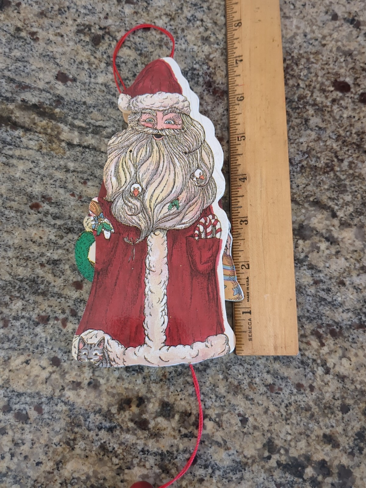 Vintage Santa Wood Pull String Christmas Ornament Susan Feves 1986