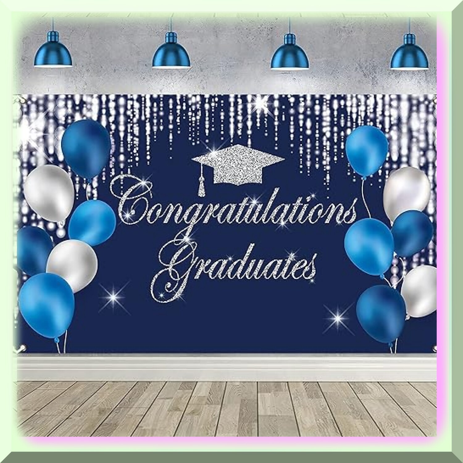Graduation Party Backdrop Blue Silver 6×3.6 ft