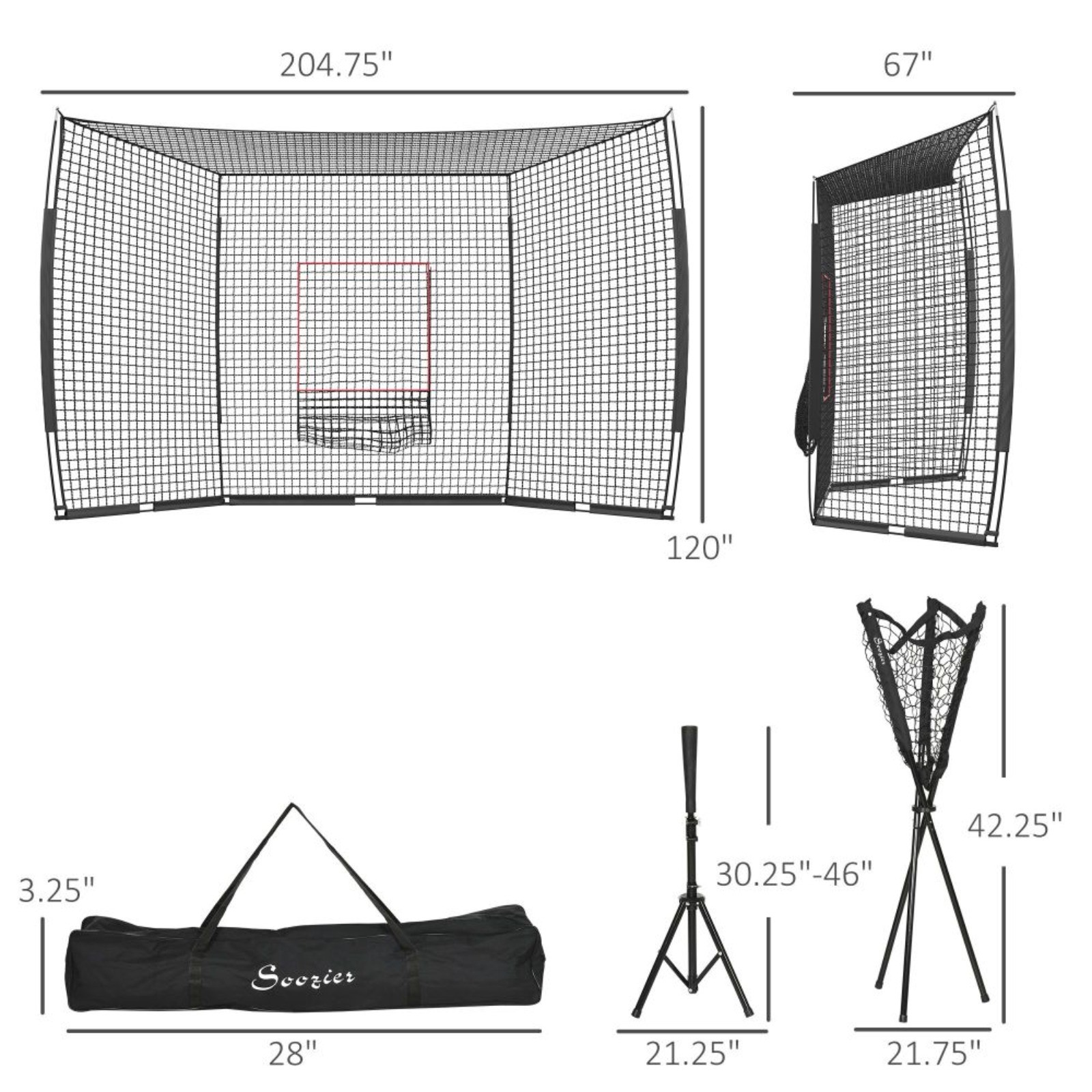 Soozier 17’x5.5′ Baseball Net Strike Zone Tee Caddy Carry Bag Portable