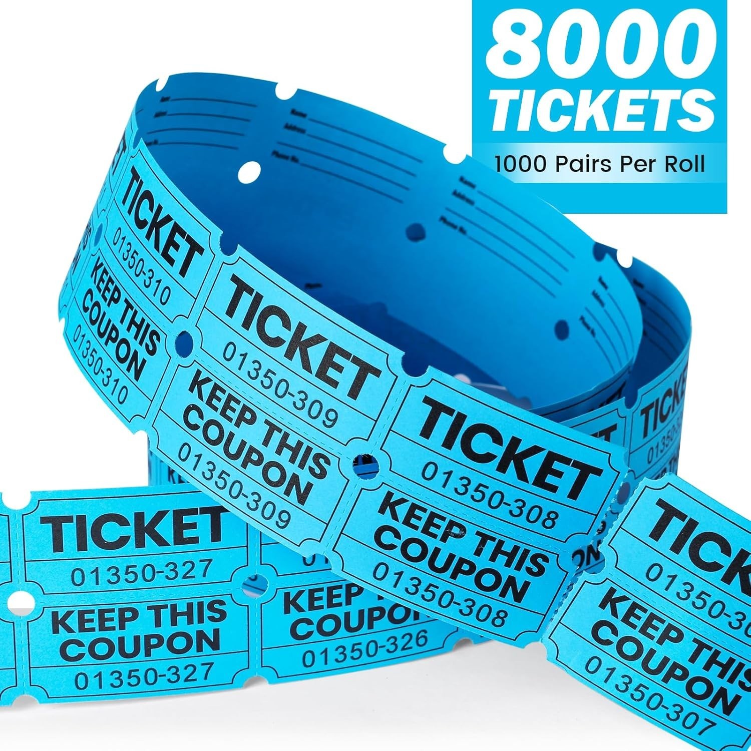8000 Pairs Raffle Tickets, 50/50 Double Raffle Tickets Rolls, 8 Colors 1000 T…