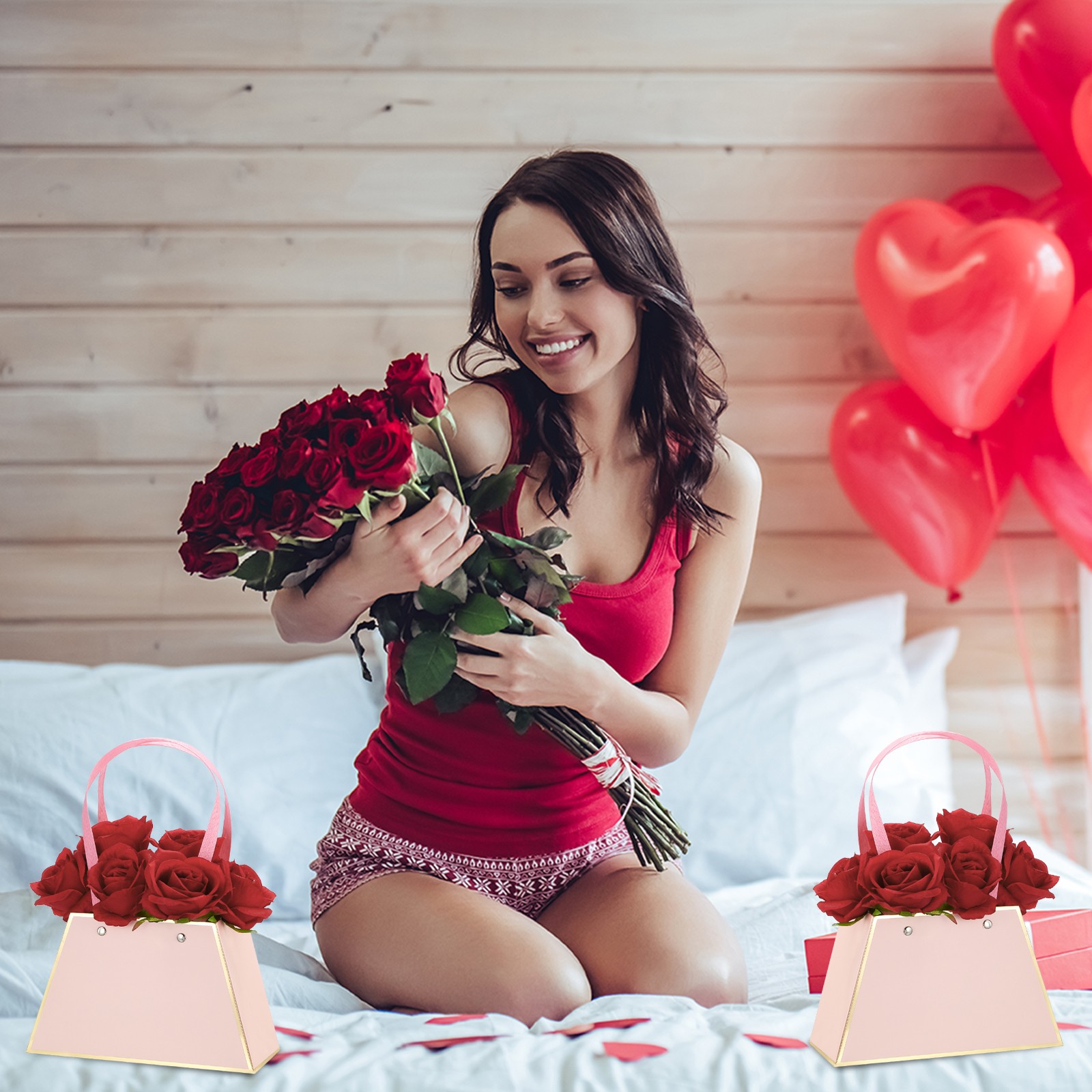 12 Packs Graduation Flower Gift Bags Bouquets Arrangement Boxes, Pink/Red