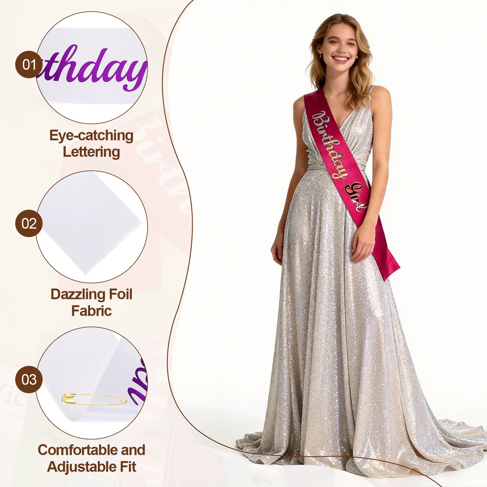 White Birthday Queen Sash with Pin Purple Foil Lettering for Party
