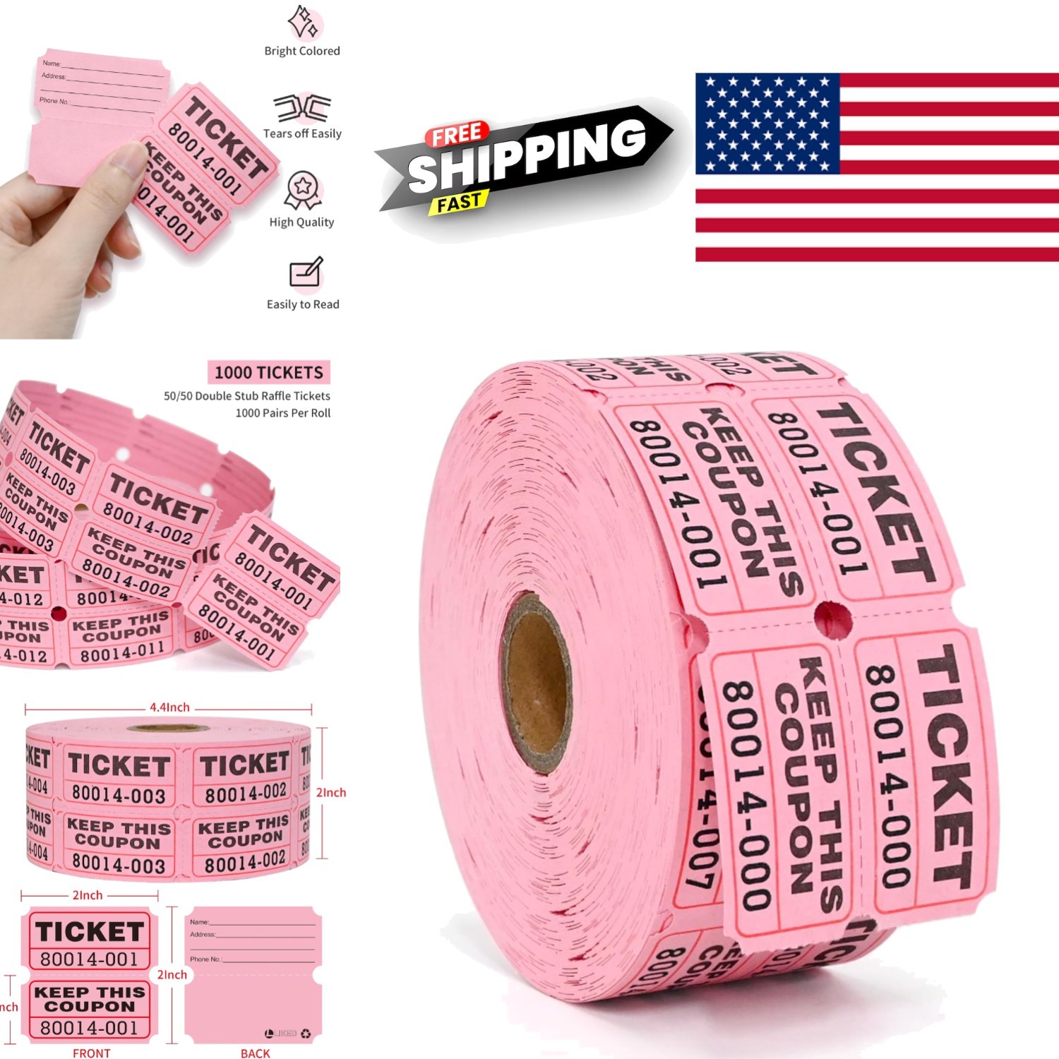 Pink Raffle Tickets 1000 Double Roll Ideal for Events Prize Drawings and More