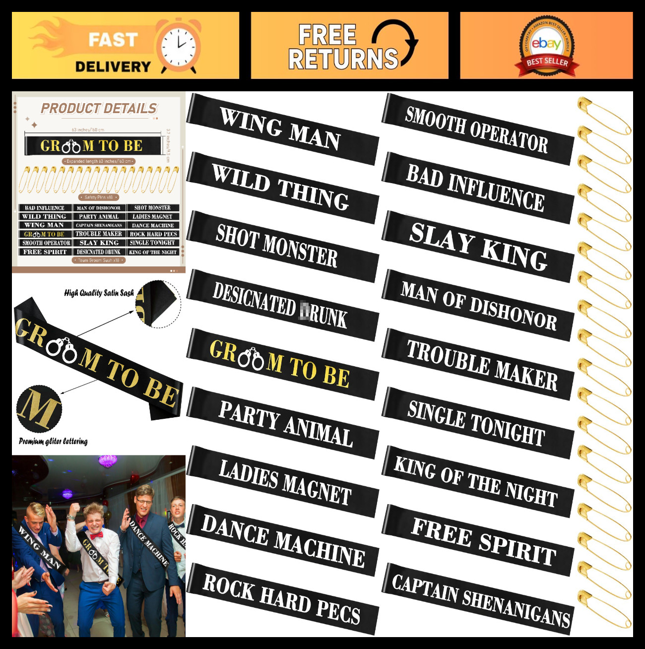 18 Pack Funny Bachelor Party Sashes & Pins – Groomsmen Team Groom Decorations, B