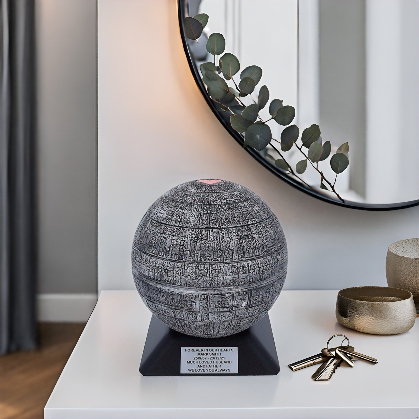 Sphere Cremation Urn Like A Death S. Cremation Urn With Red Heart. Star urn