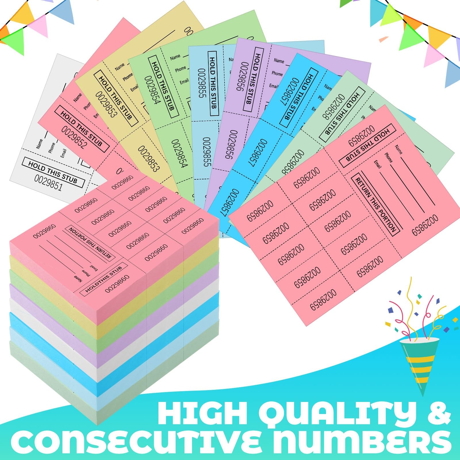 Multicolor Raffle Ticket Sheet 10 Bid Numbers 3.3×4.5 Inch 600 Sheets