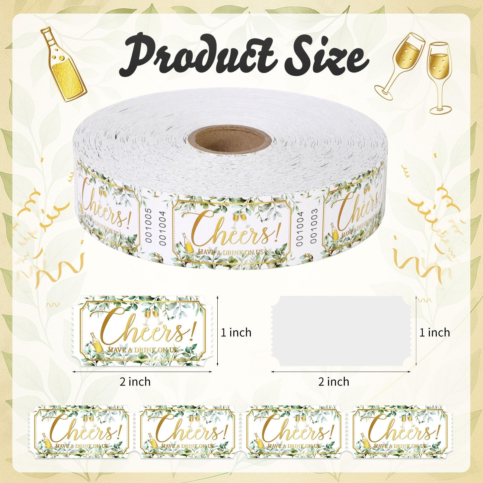 Drink Tickets Single Raffle Roll Greenery Eucalyptus Gold Cheers 1000 Count