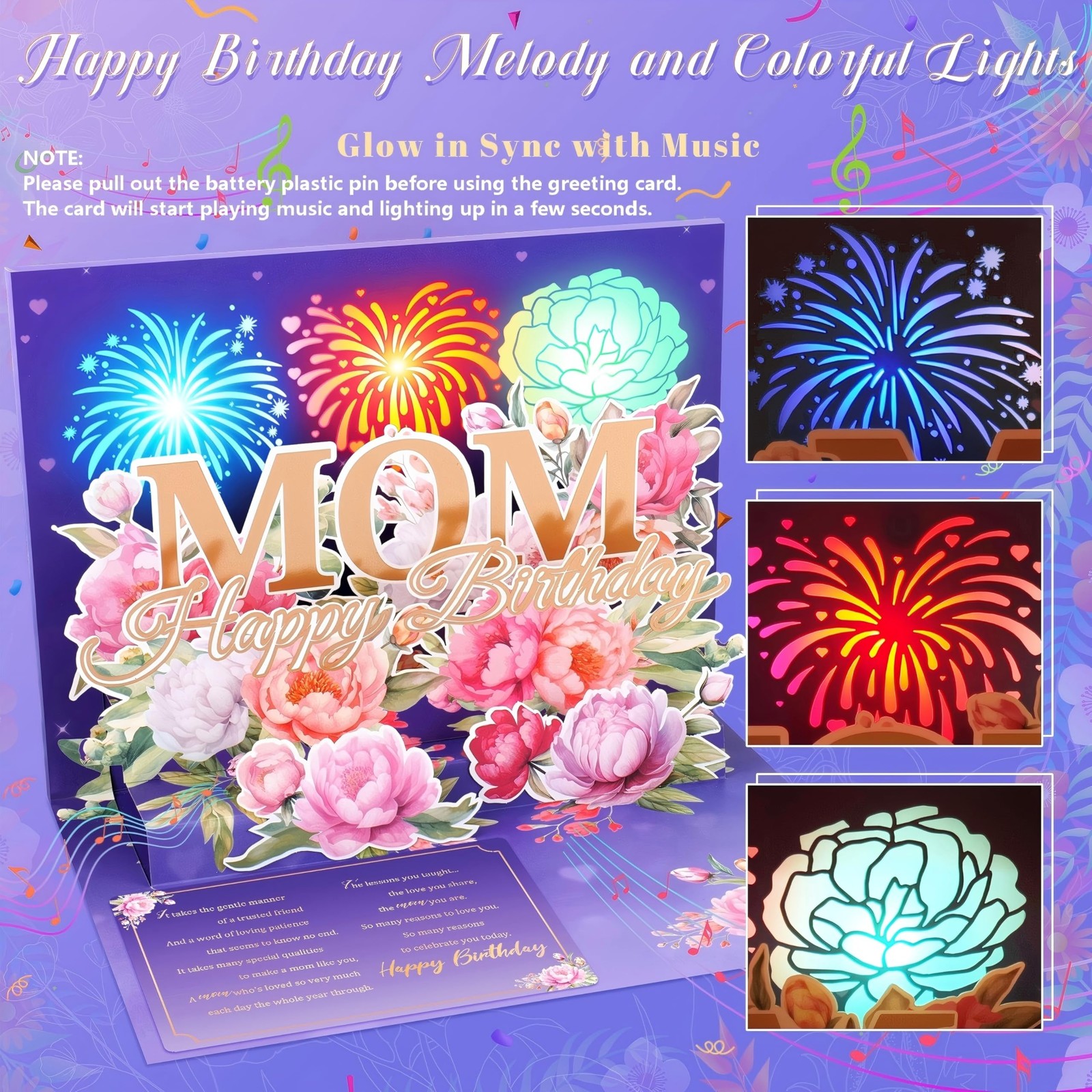 Pop Up Mom Birthday Card with Lights & Music, 3D Happy 5×7 inches, purple