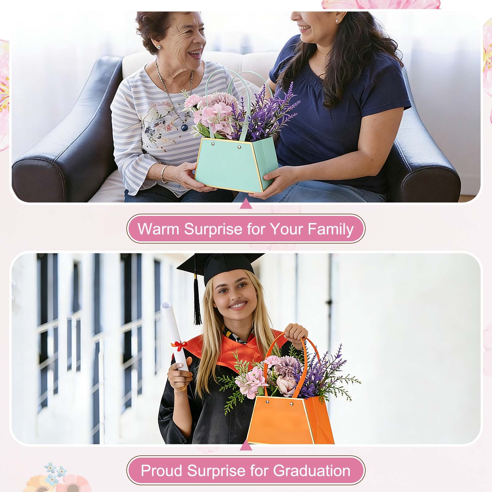 12 Pcs Flower Gift Bags Bouquet Wrapping Bag Paper Bouquet Bag Boxes Dark Pink