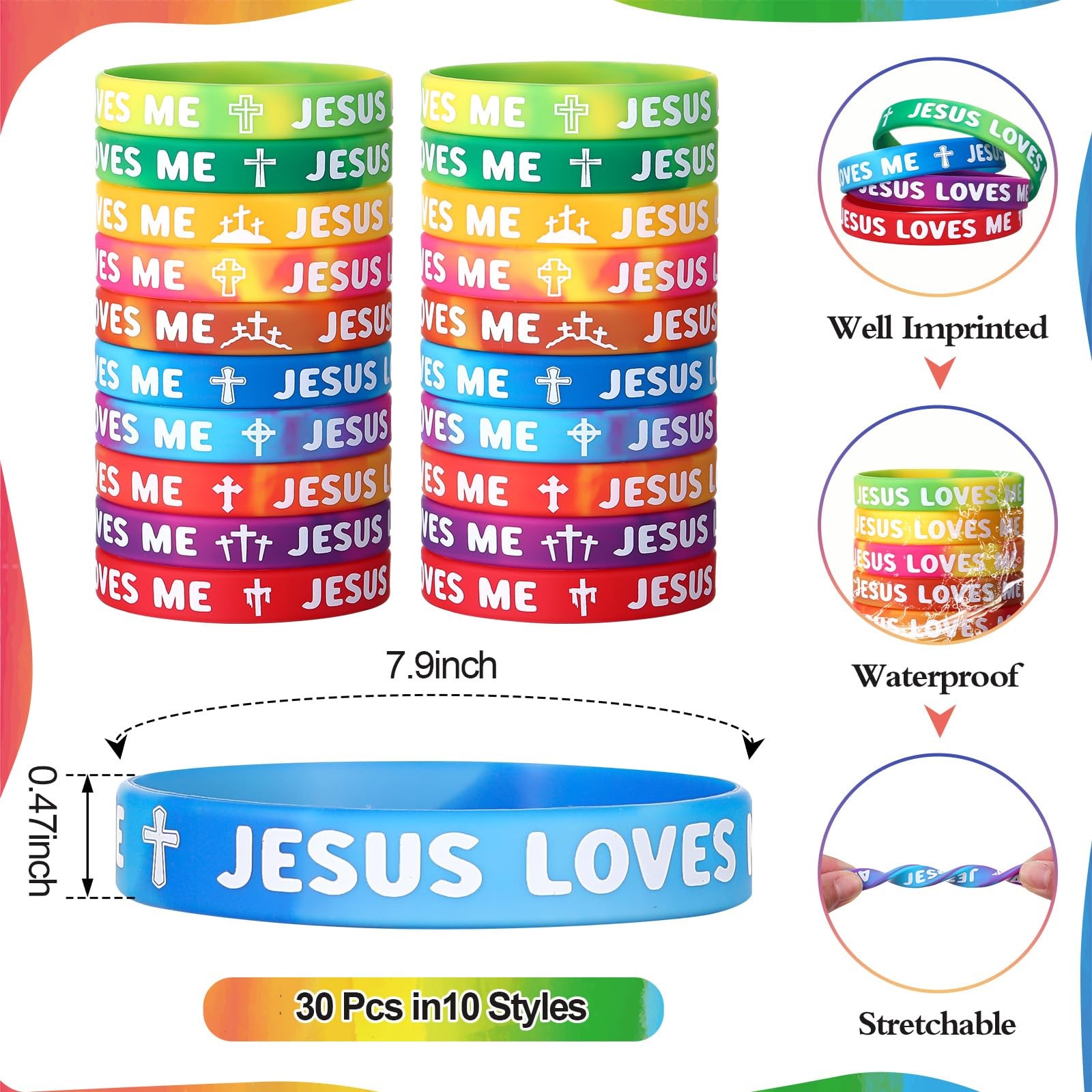 100 Pcs Jesus Loves Me Wristbands Bulk 10 Styles Rainbow Religious Silicone B…