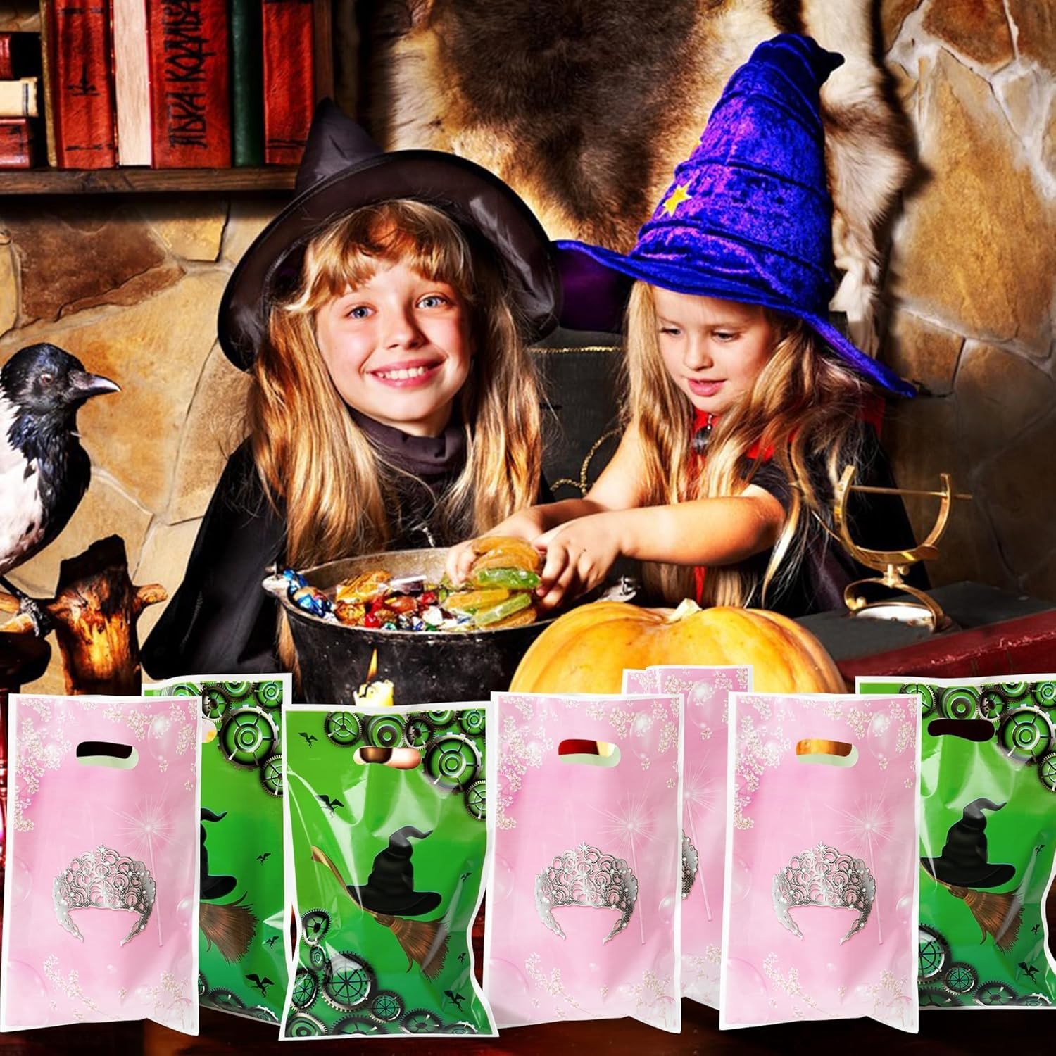 Halloween Witch Pink Crown Party Favor Bag Candy Treat Bags Print Magical