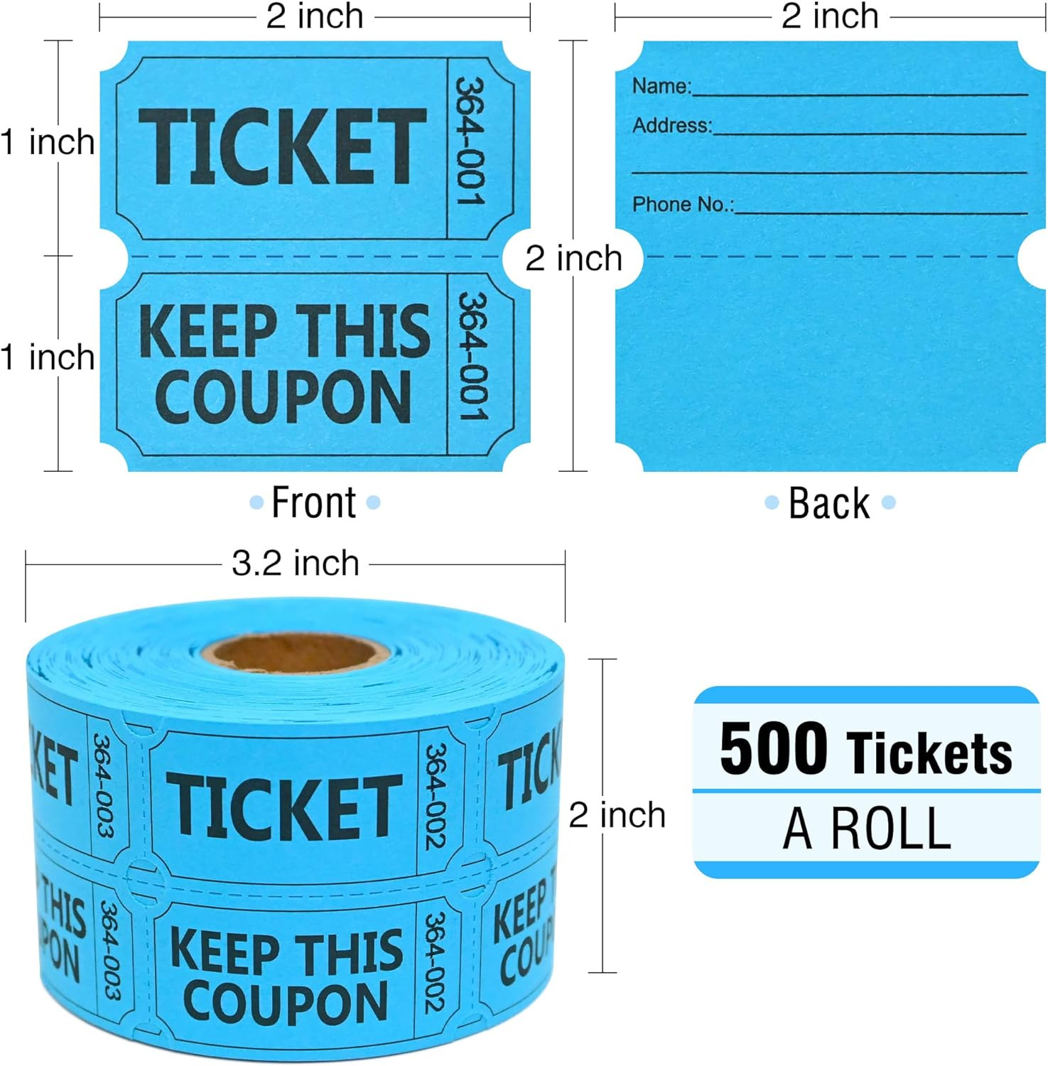 ESSENTIAL 500 Raffle Tickets Double Roll, Raffle Tickets Roll with Name and Phon