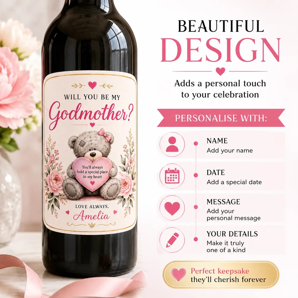 Personalised Godmother Proposal Bottle Label Sticker Custom Wine Gift Keepsake