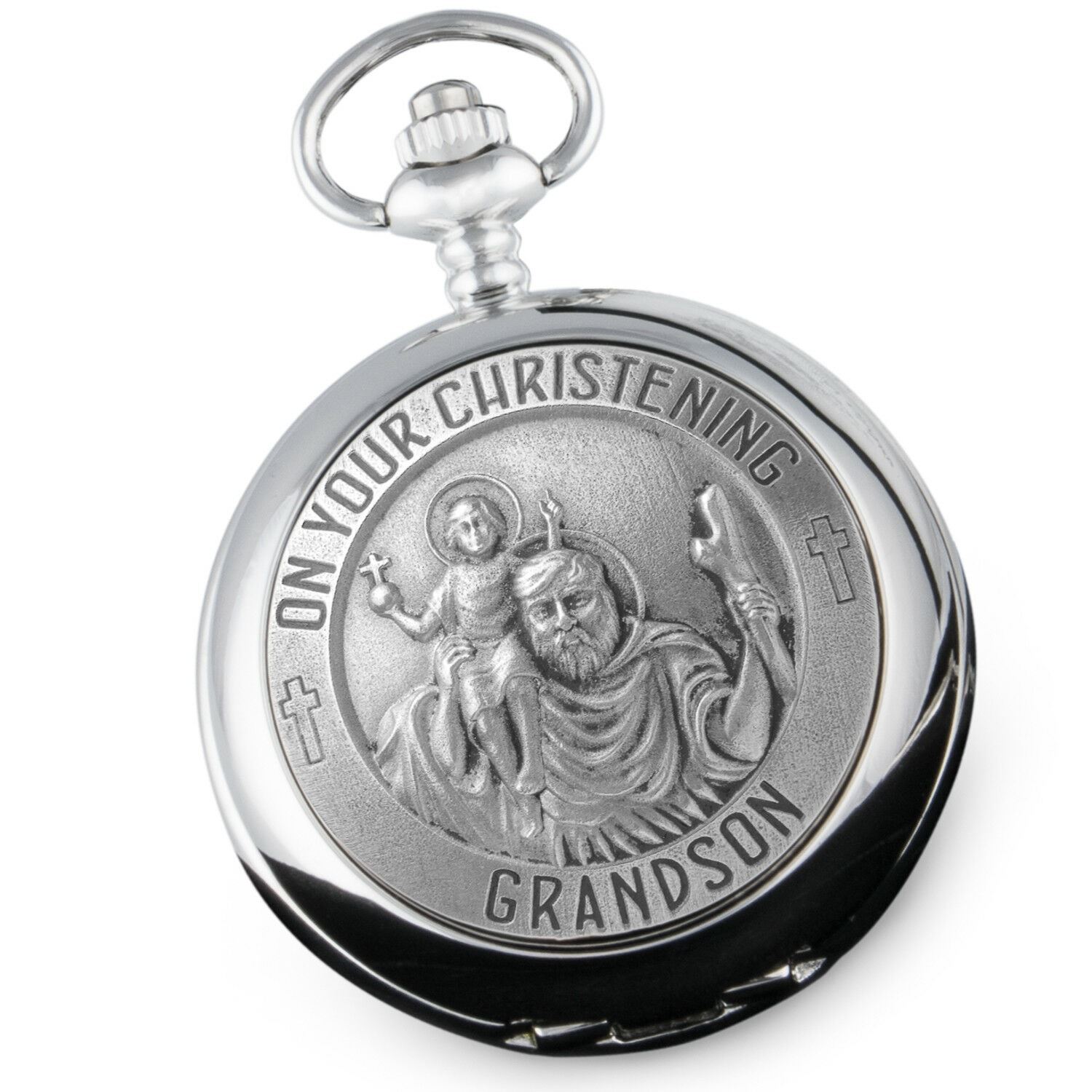 Christening Gift for Grandson Engraved St Christopher Pocket Watch MOP Wood Box