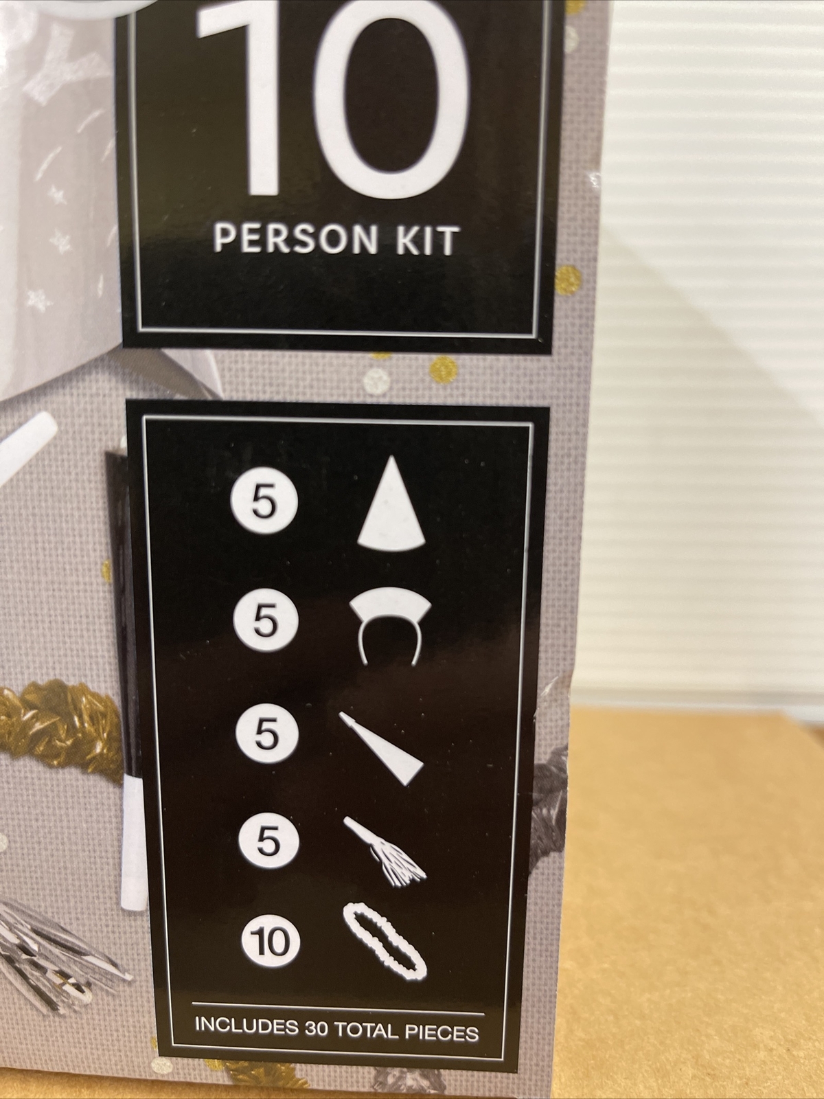 New Years 10 Person Party Kit, Reusable, Black Gold Silver White