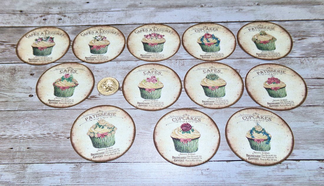12~Vintage~French Cupcakes~Patisseries~Linen Cardstock~Circle~Stickers