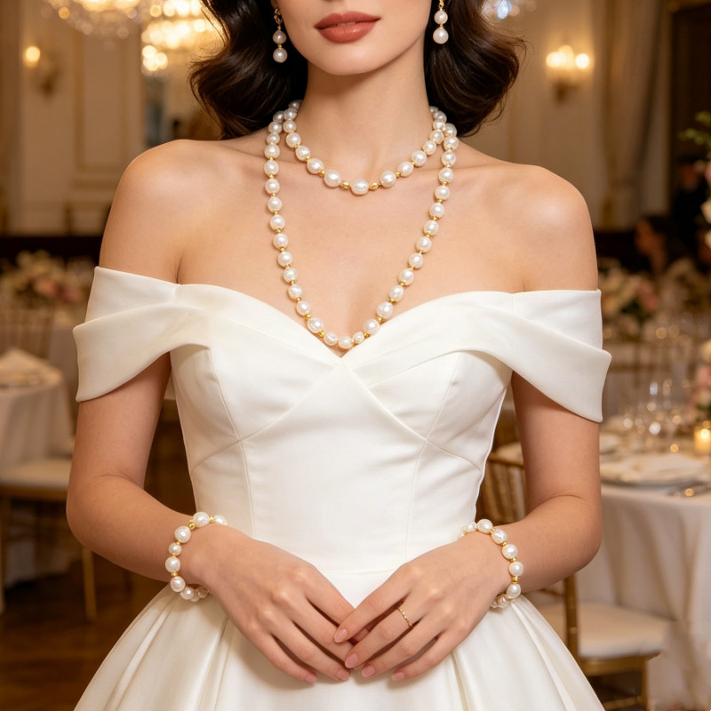 9-10mm White Natural Freshwater Pearl Necklace Bracelet Earring 18/7.5″ Gift