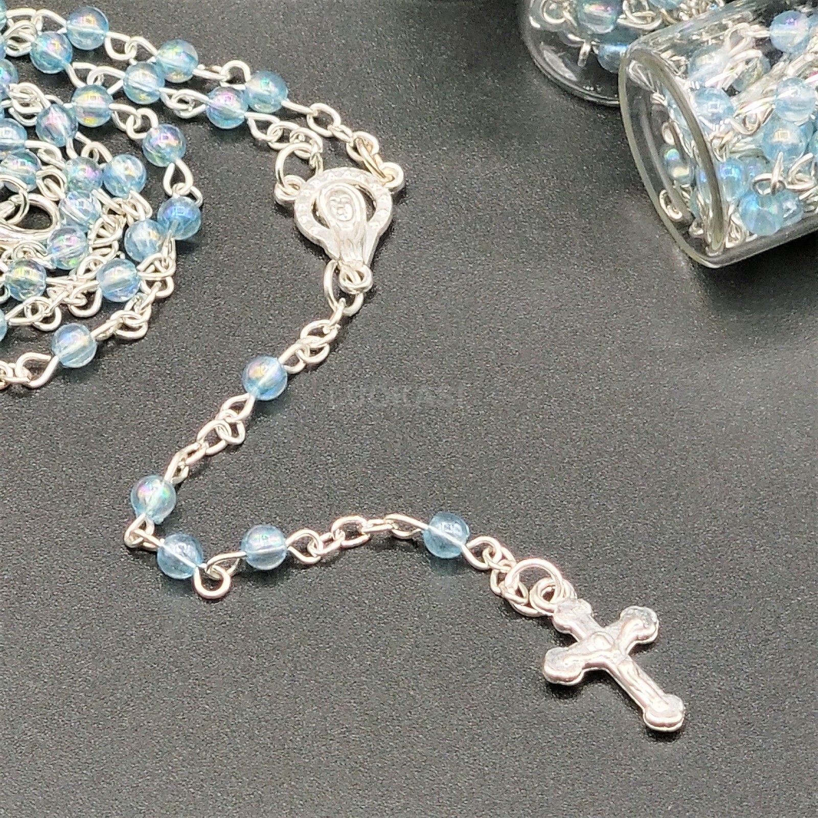 12 Blue Clear Rosary Crucifix Silver Bottle Recuerdos de Bautizo Holy Communion