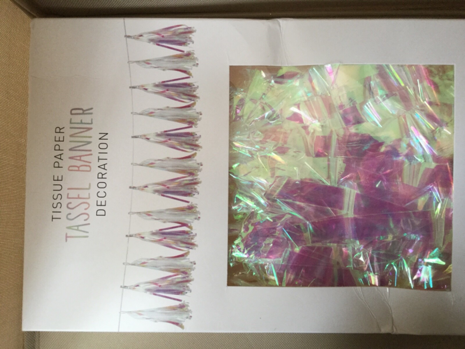 Mylar Tissue Paper Tassel Banner, 10ft long, 12 tassels, Iridescent white, Party