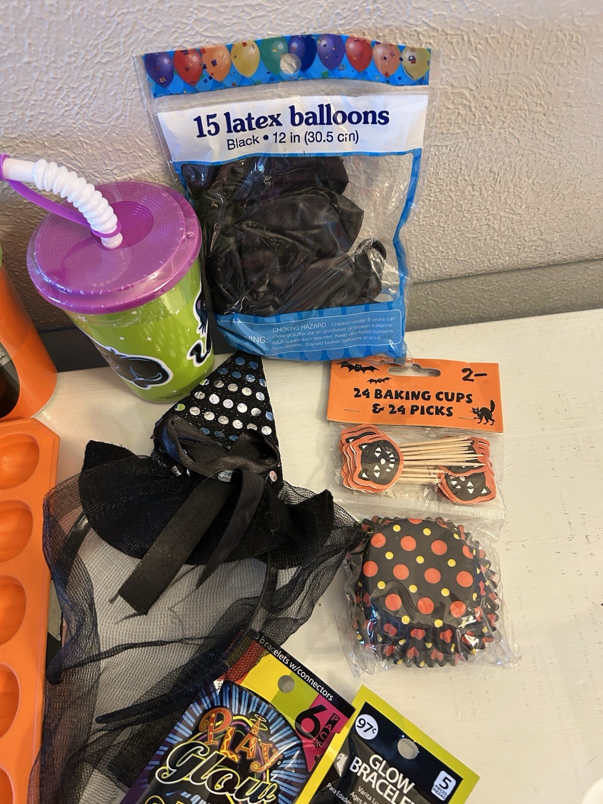 Lot Halloween Party 11 Items Kids fun, cups, plates, glow stick, headband,& more