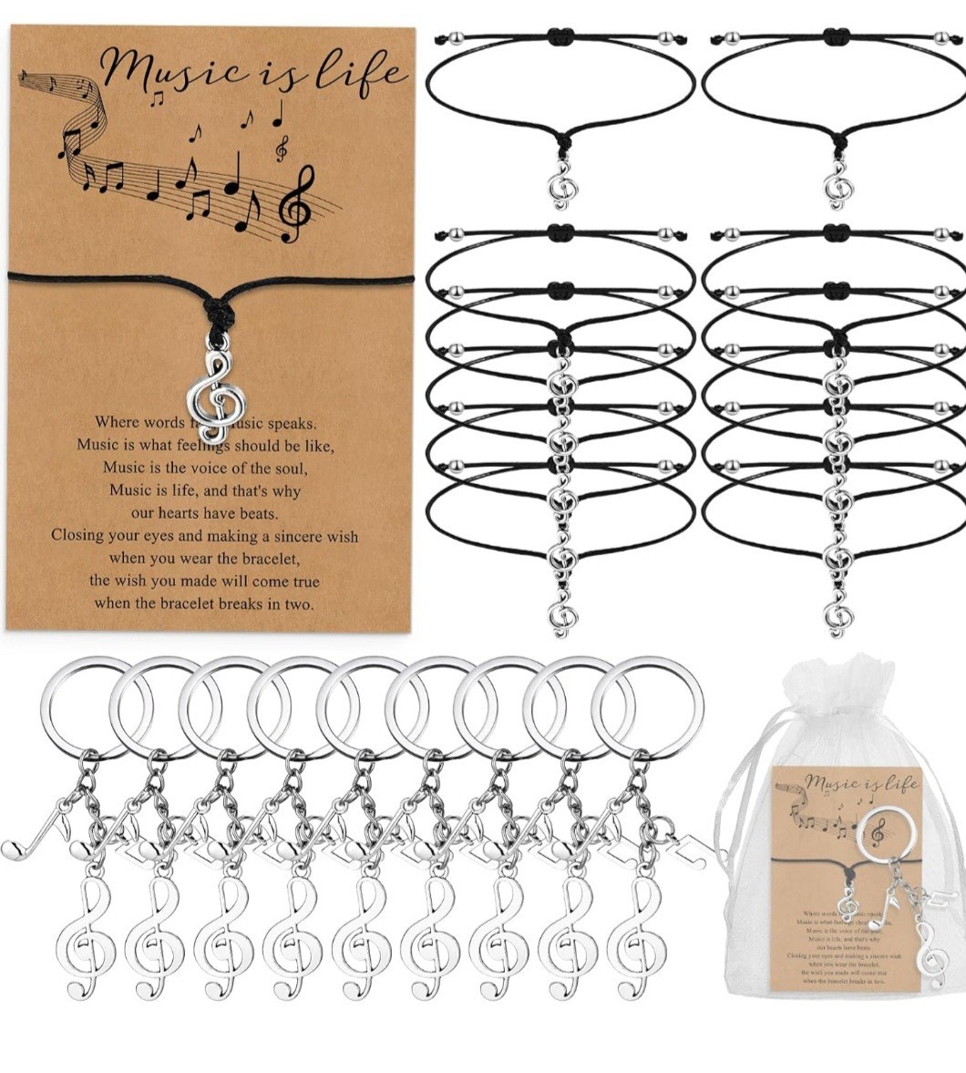 Landical 30 Set Music Party Favors Bulk Note Bracelets and Keychains w/gift bags