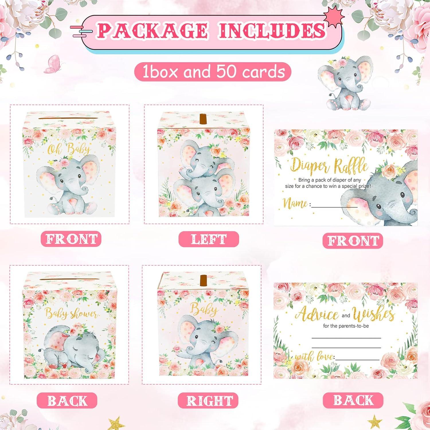 51 Pcs Elephant Diaper Raffle Card Box with Diaper Raffle Tickets Insert Card fo
