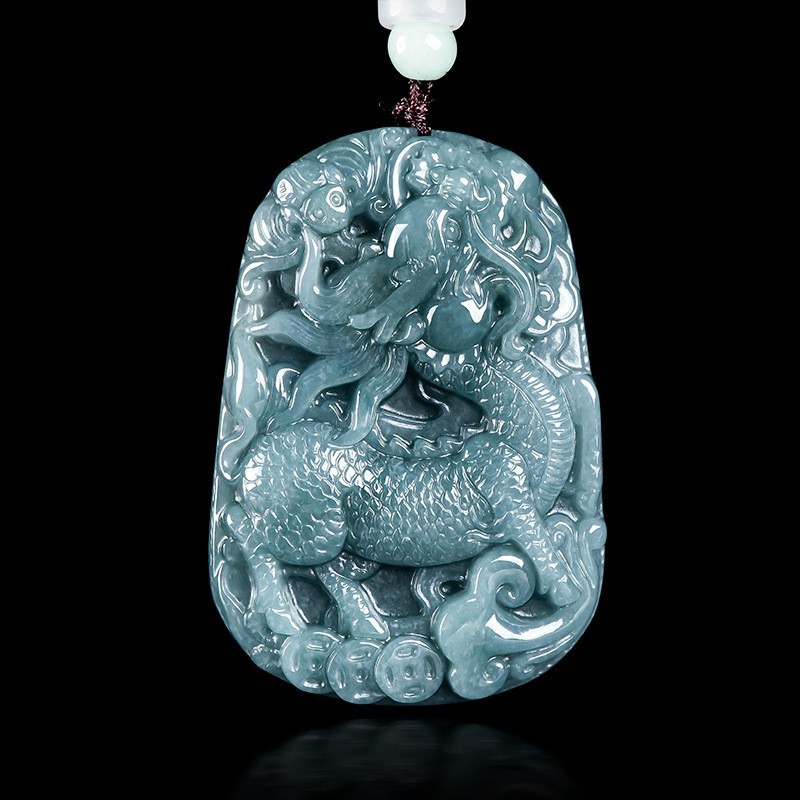 Natural Jadeite Qilin Pendant Necklace, Carved Kirin Amulet for Luck Prosperity