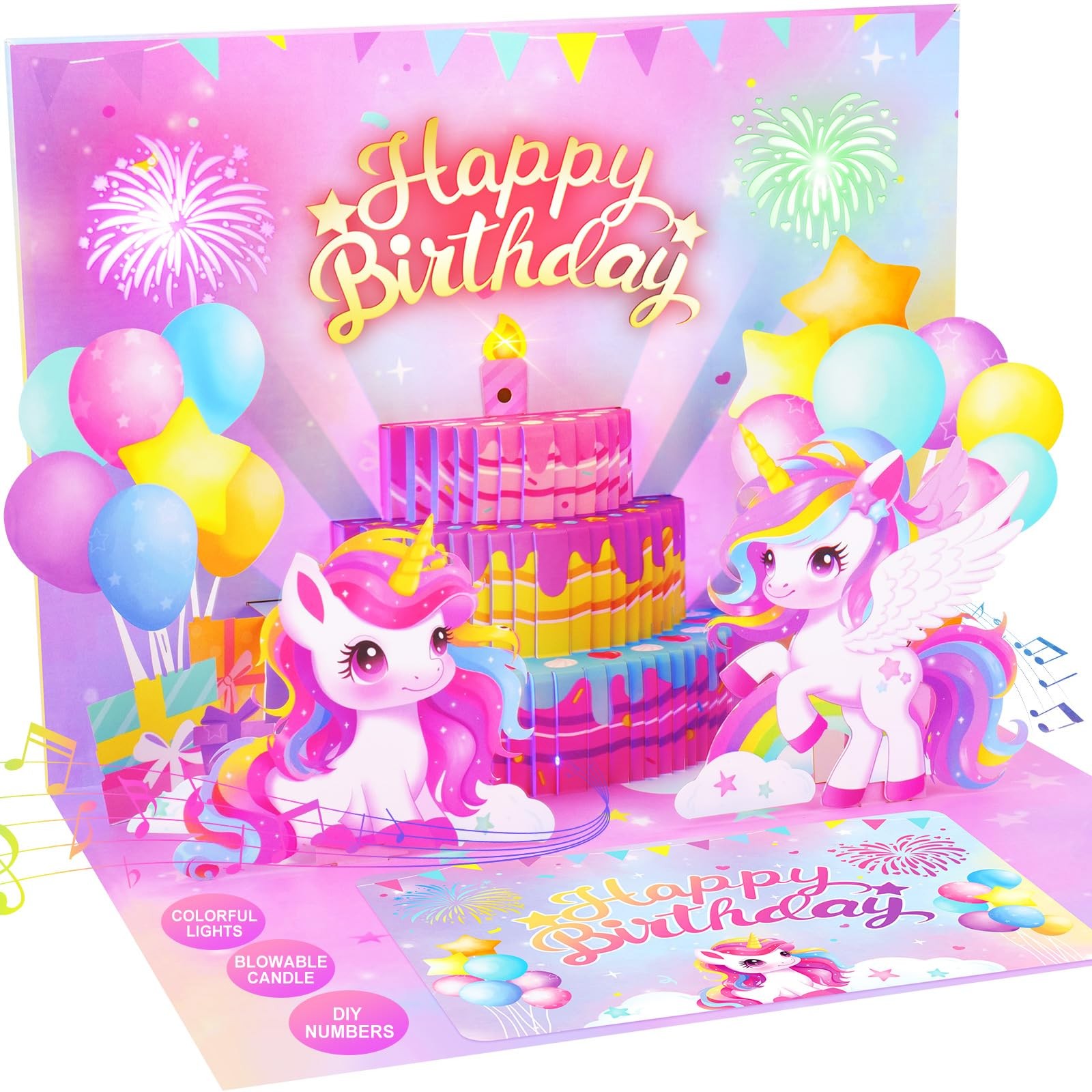 Pop Up Birthday Card with Light & Music, Unicorn 3D Standard, purple