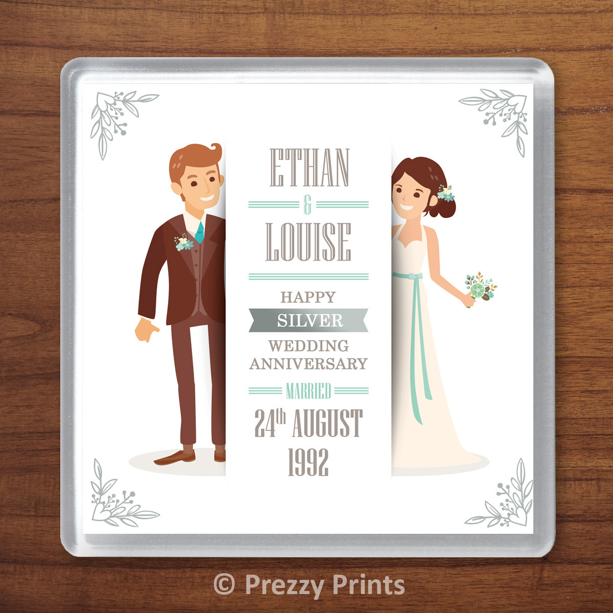 Personalised Silver 25th Wedding Anniversary Drinks Coaster Gift Present