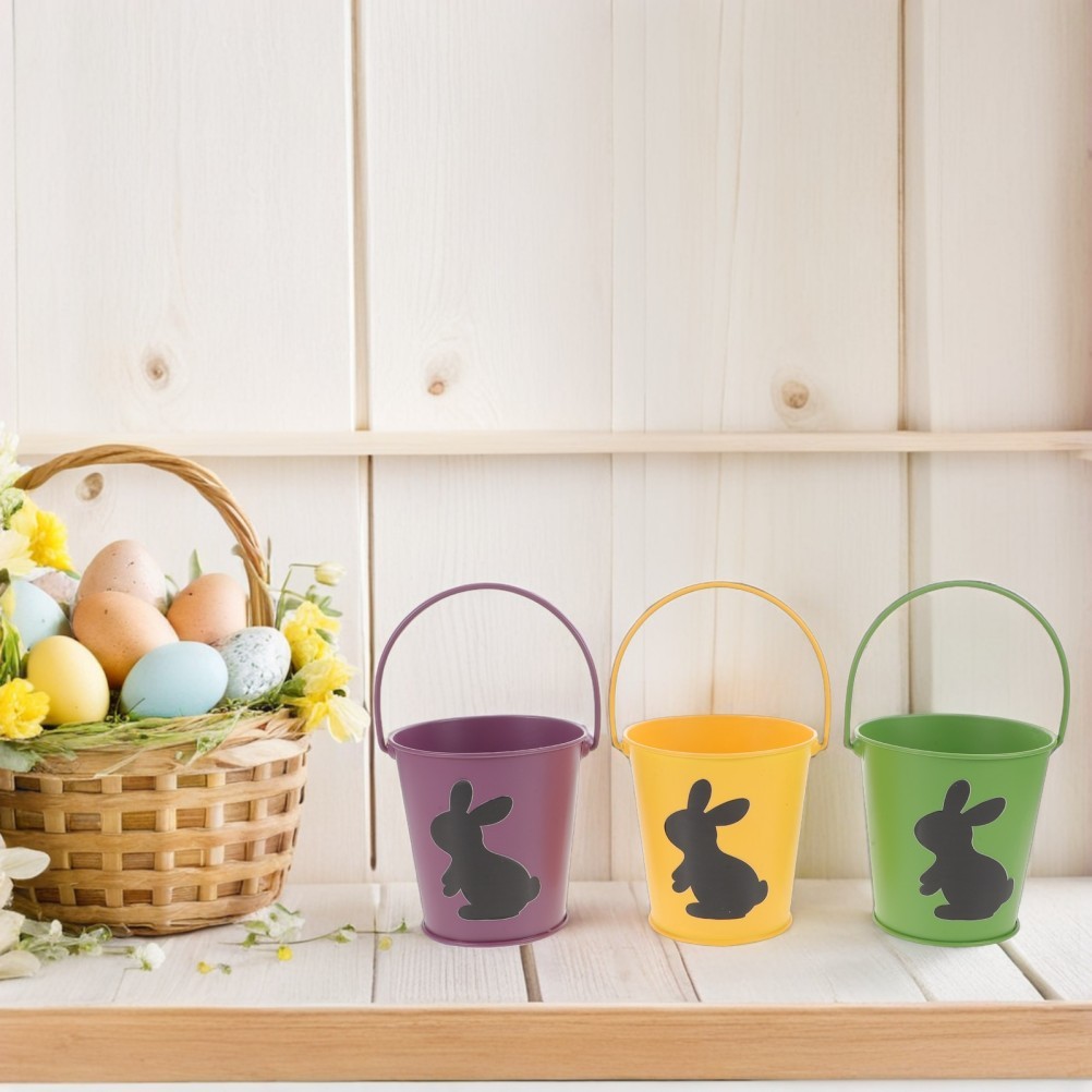 3Pcs Assorted Color Iron Easter Buckets Reusable Bunny Candy Holders