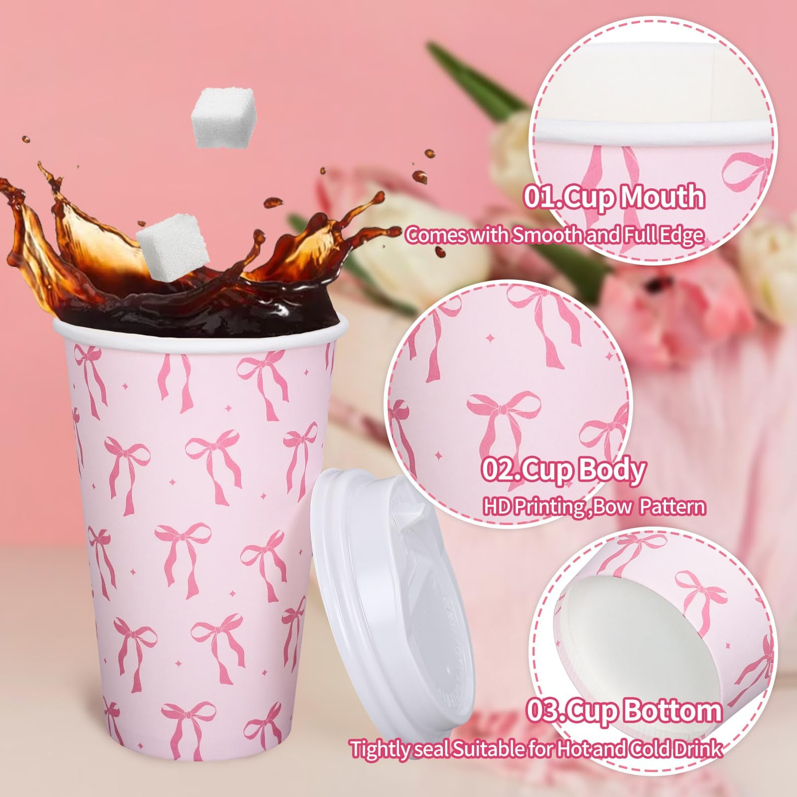 Mother’s Day 50 Set Pink Bow Disposable Coffee Cups with Lids and Sleeves Coquet