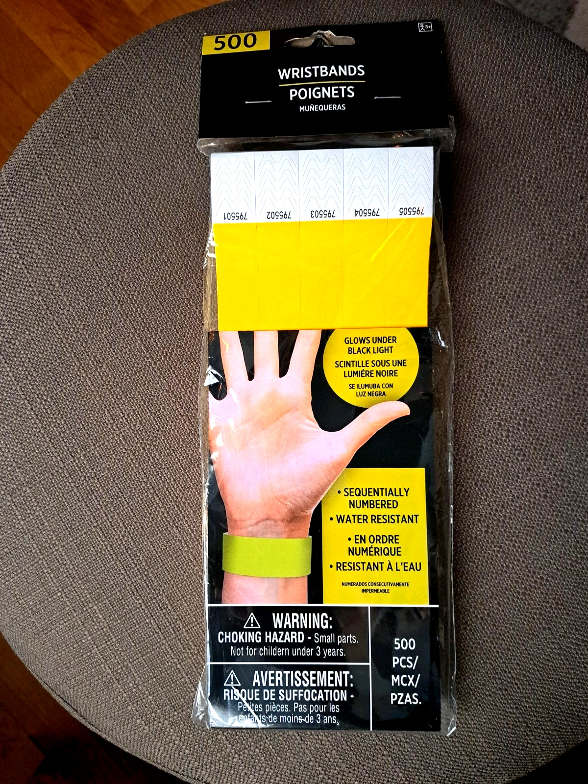 500 PARTY Yellow Paper Wristbands – Water Resistent – Sequentially Numbered