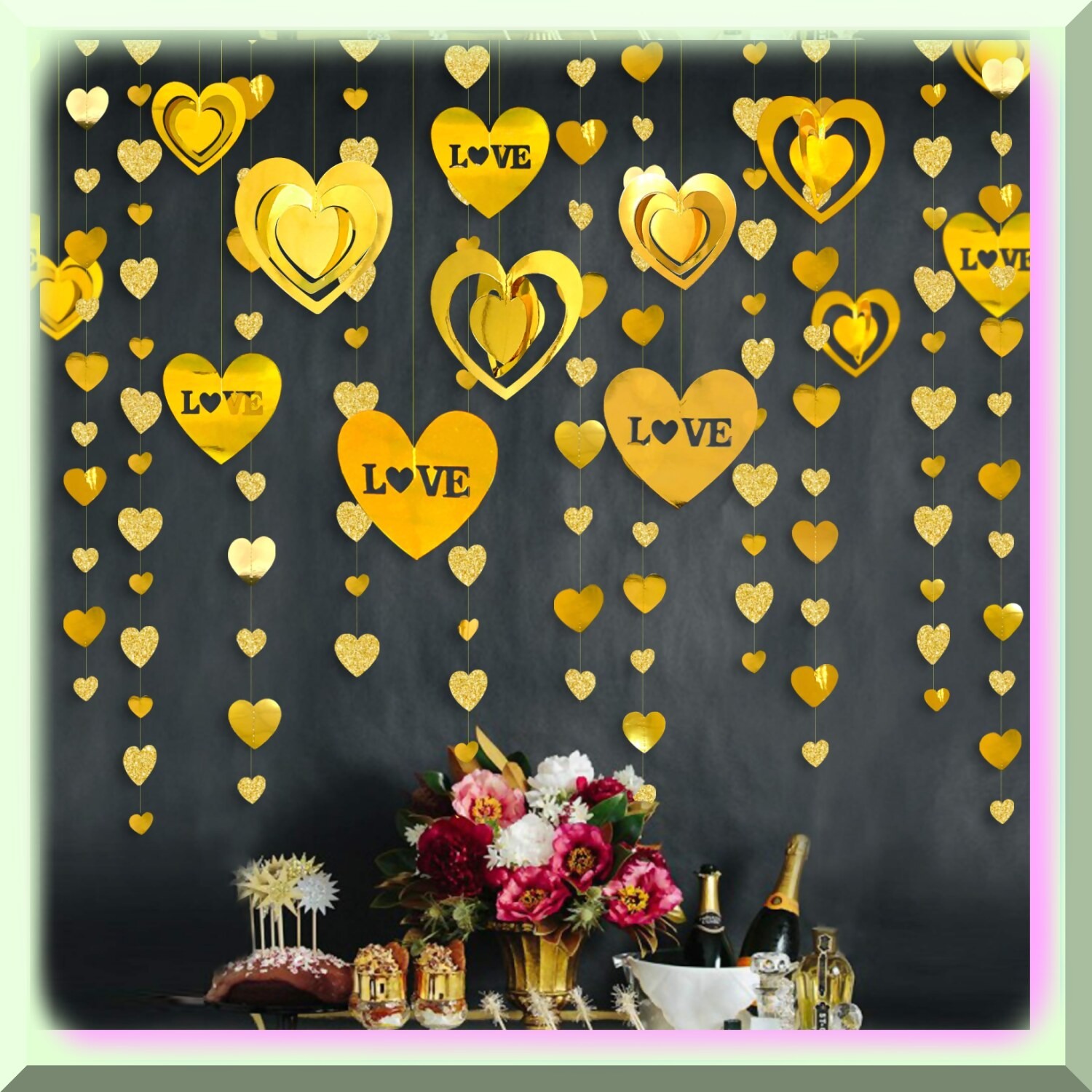 Golden Love Celebration Kit with Heart Garlands and Streamers