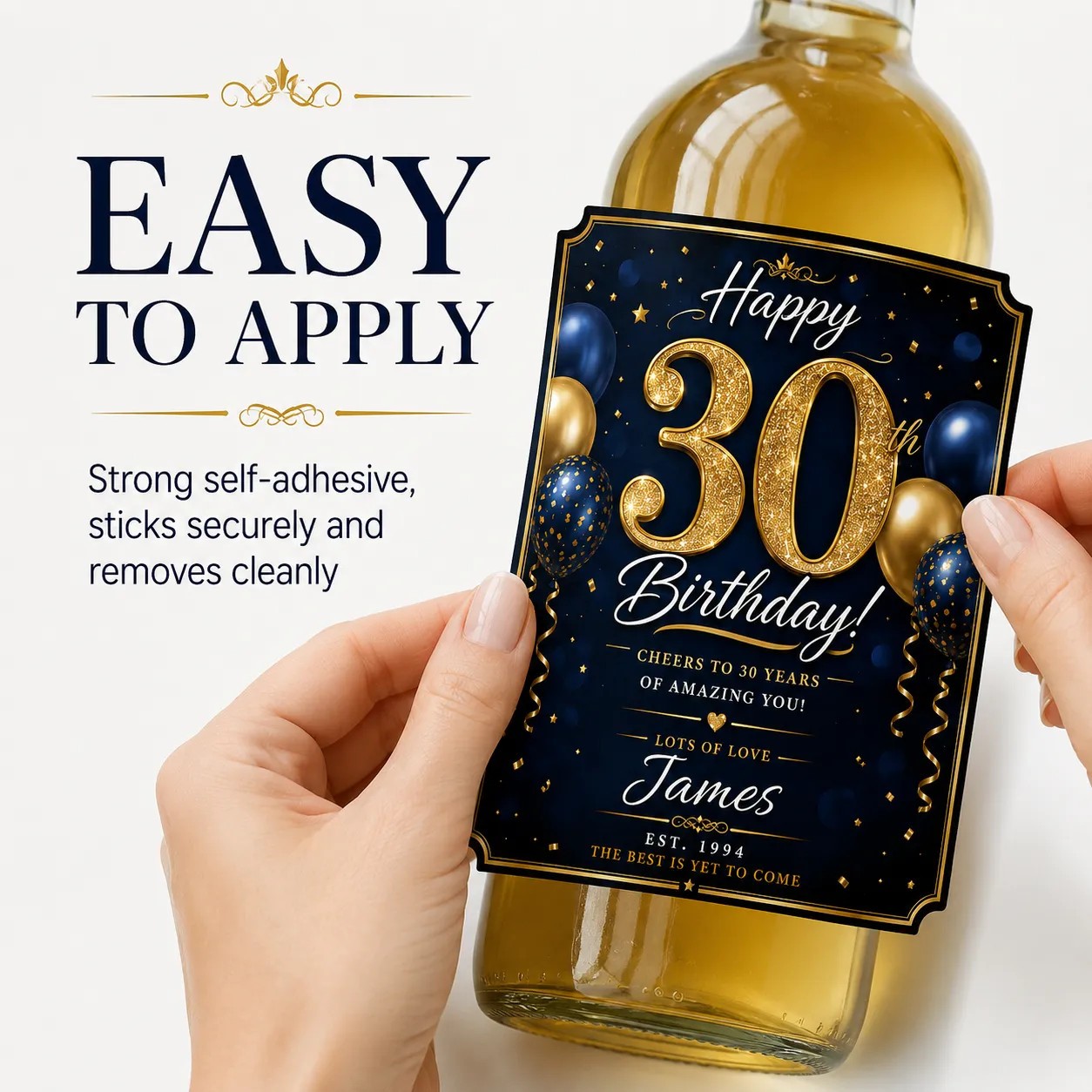 Personalised 30th Birthday Bottle Label Sticker Custom Wine Gift Blue Gold