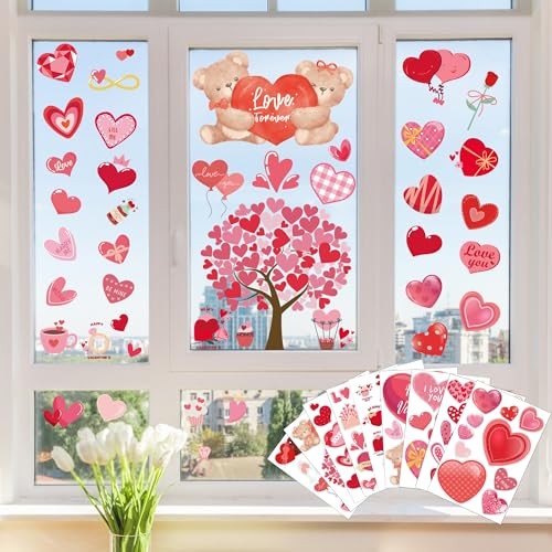 Valentines Day Decorations – Heart Window Clings for Glass | Valentines Red