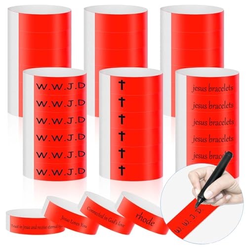 300Pcs WWJD Wristbands Adhesive Christian Bracelet Waterproof Paper Red