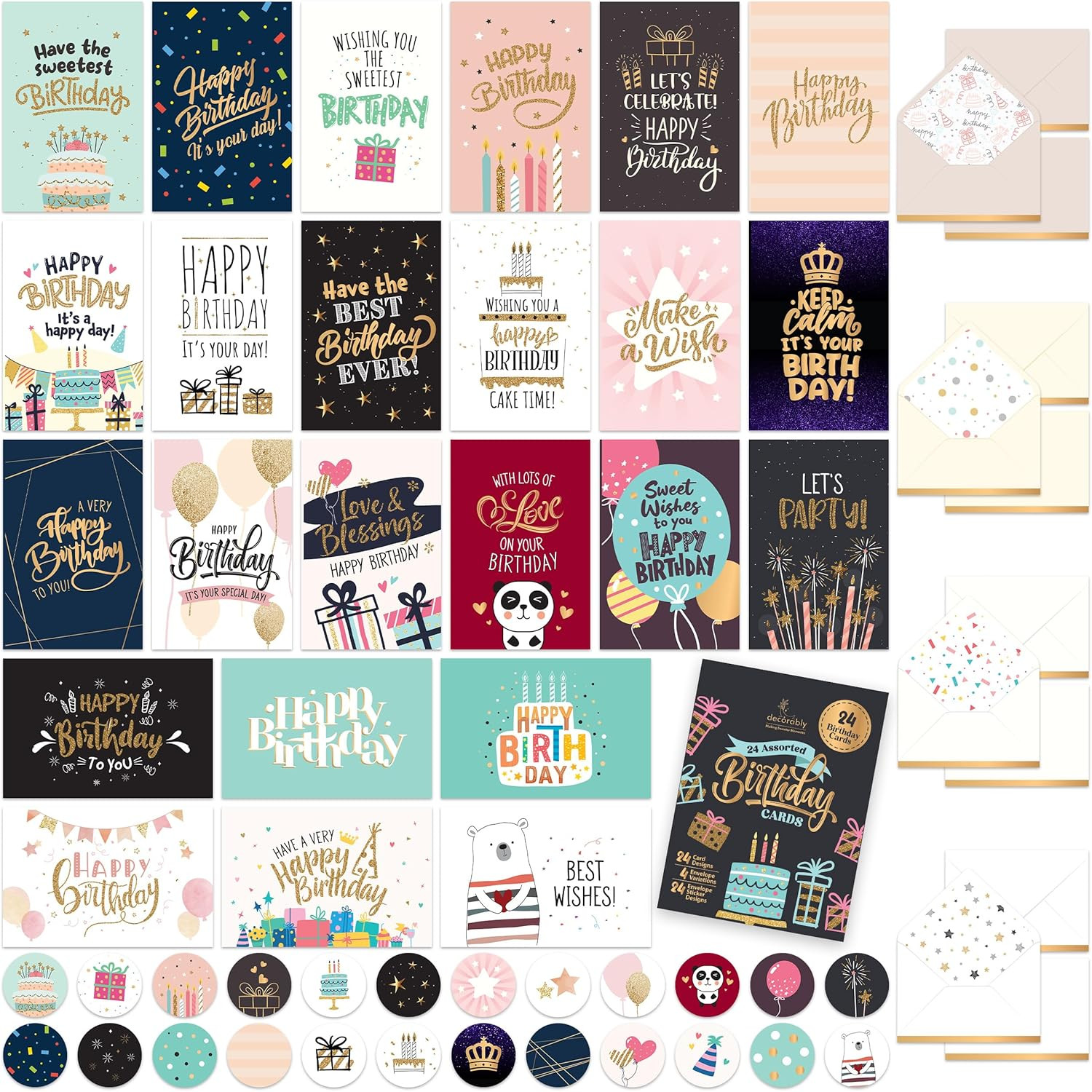 24 Pack Foil and Glittery 6X4In Assorted Birthday Cards with Envelopes and St…