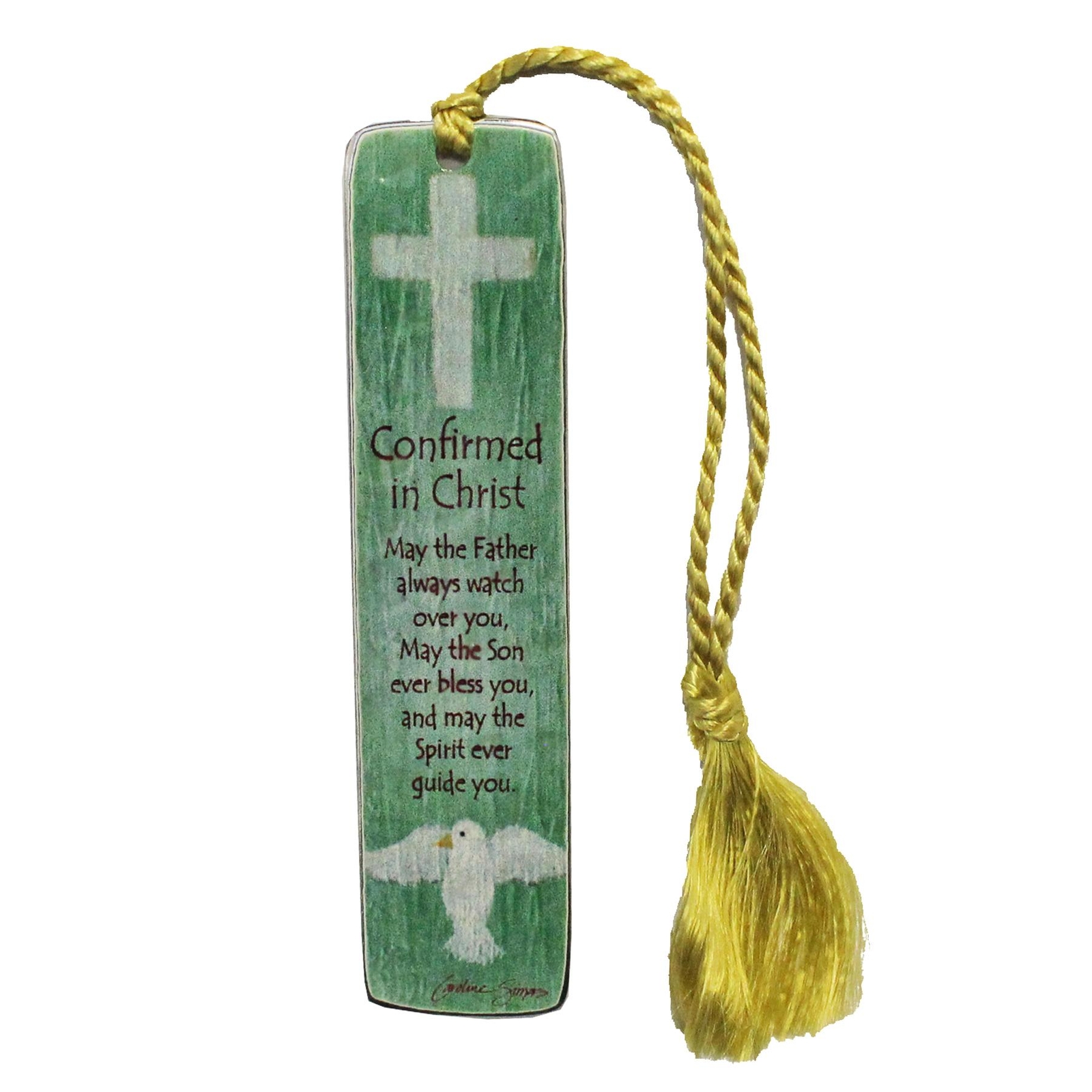 Confirmation Art Metal Bookmark Confirmed in Christ Green with Dove and Cross