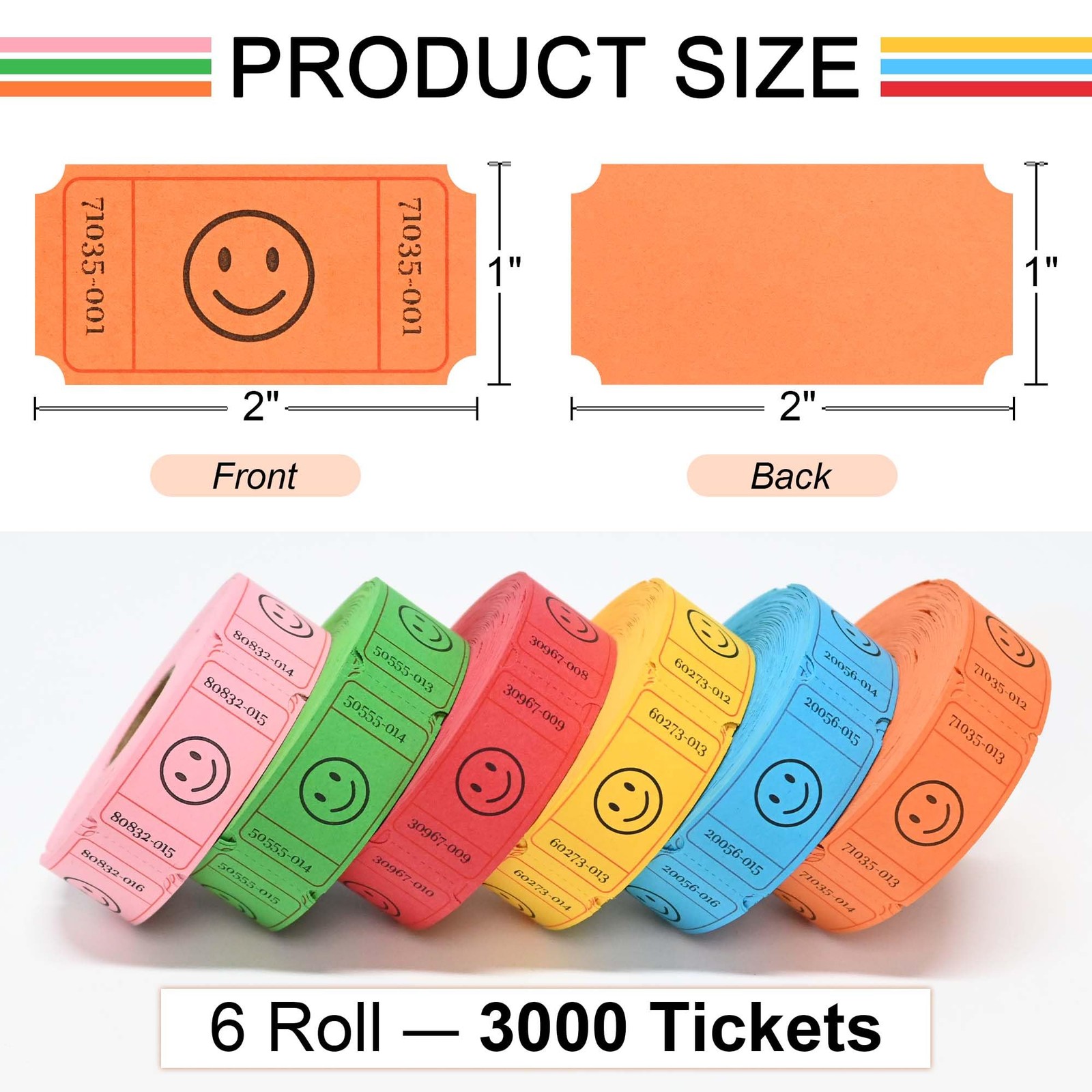 3000 Raffle Ticket Rolls, 6 Assorted Colors, 1×2 Inch Smile Ticket for Events…