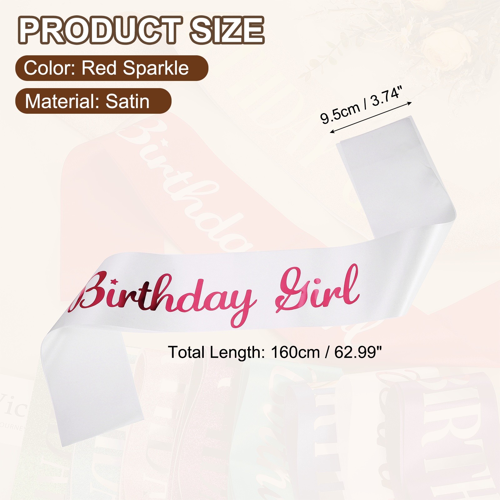 Birthday Girls Sash with Pin Red Sparkle Lettering for Birthday Party White