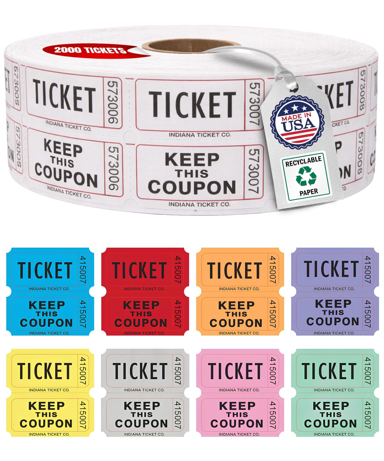 INDIANA TICKET CO. 2,000 White Raffle Tickets Double Roll, Premium Quality 50…