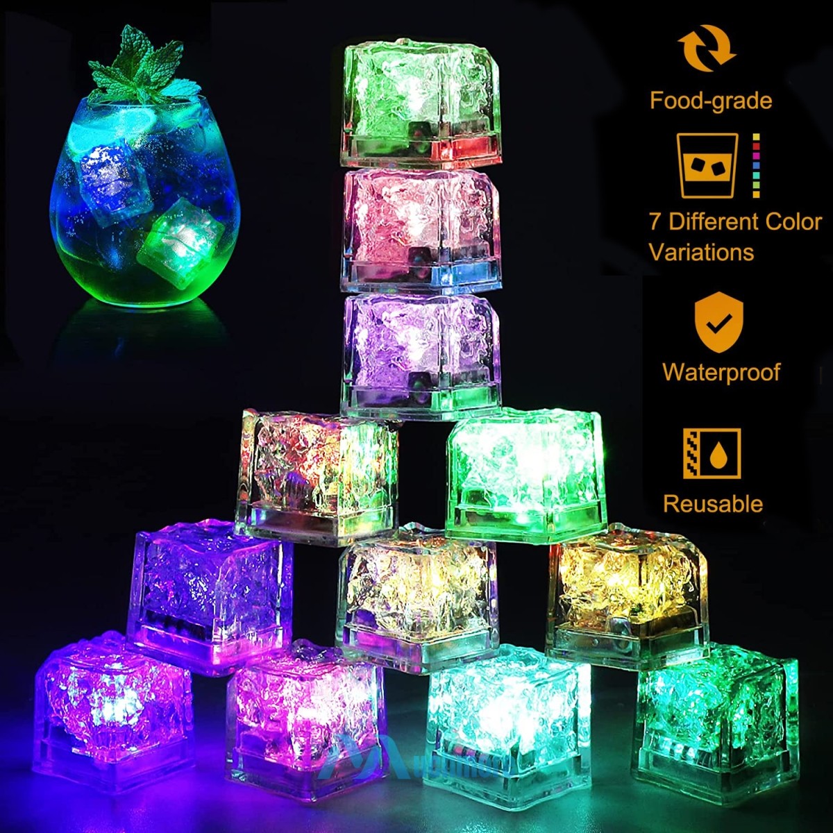 12Pcs Waterproof Light Up LED Ice Cubes for Drinks Colors Flashing Glow in Water