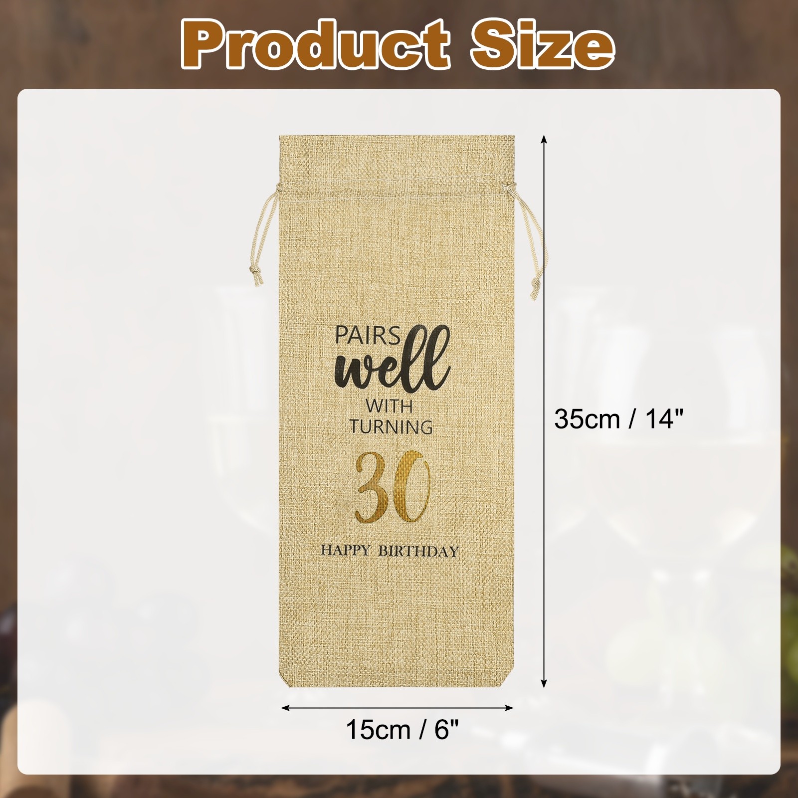 6 x 14 Inch 30th Birthday Gift Wine Bottle Bag with Drawstring, Beige