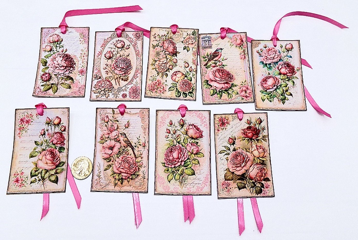 9-Vintage-Pink Roses-Shabby Chic-Junk Journal-Linen Cardstock-Gift-Tags