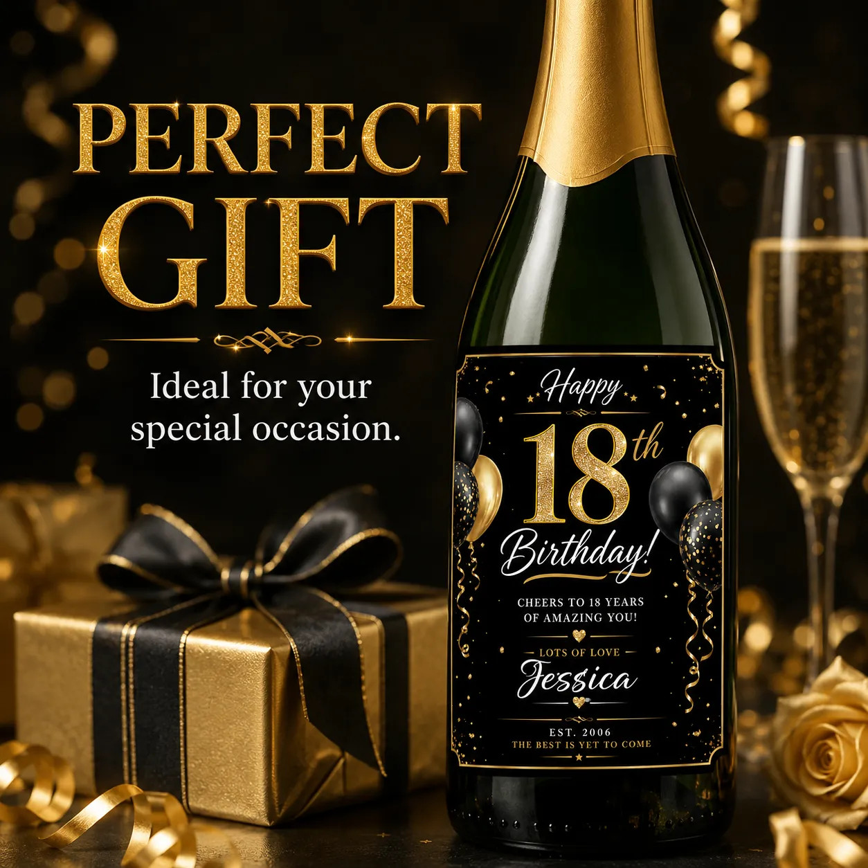 Personalised 18th Birthday Bottle Label Sticker Custom Wine Gift Black Gold