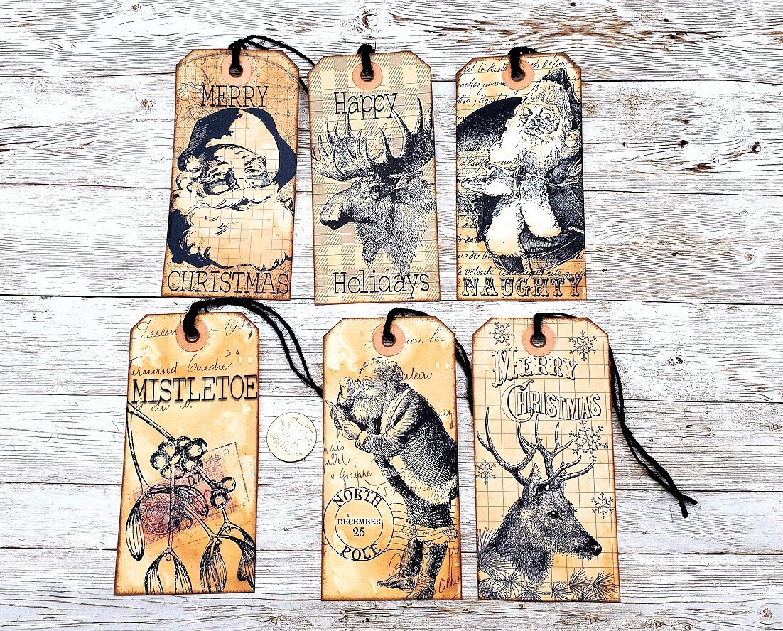 6-Christmas-Farmhouse-Rustic-Junk Journal-Holiday-Linen Cardstock-Gift-Hang-Tags