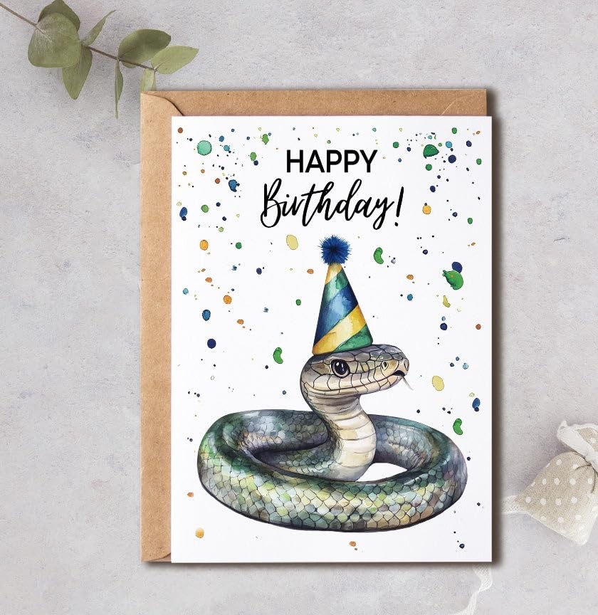 Snake Birthday Card With Party Hat – Happy 5 x 7 inches, Green