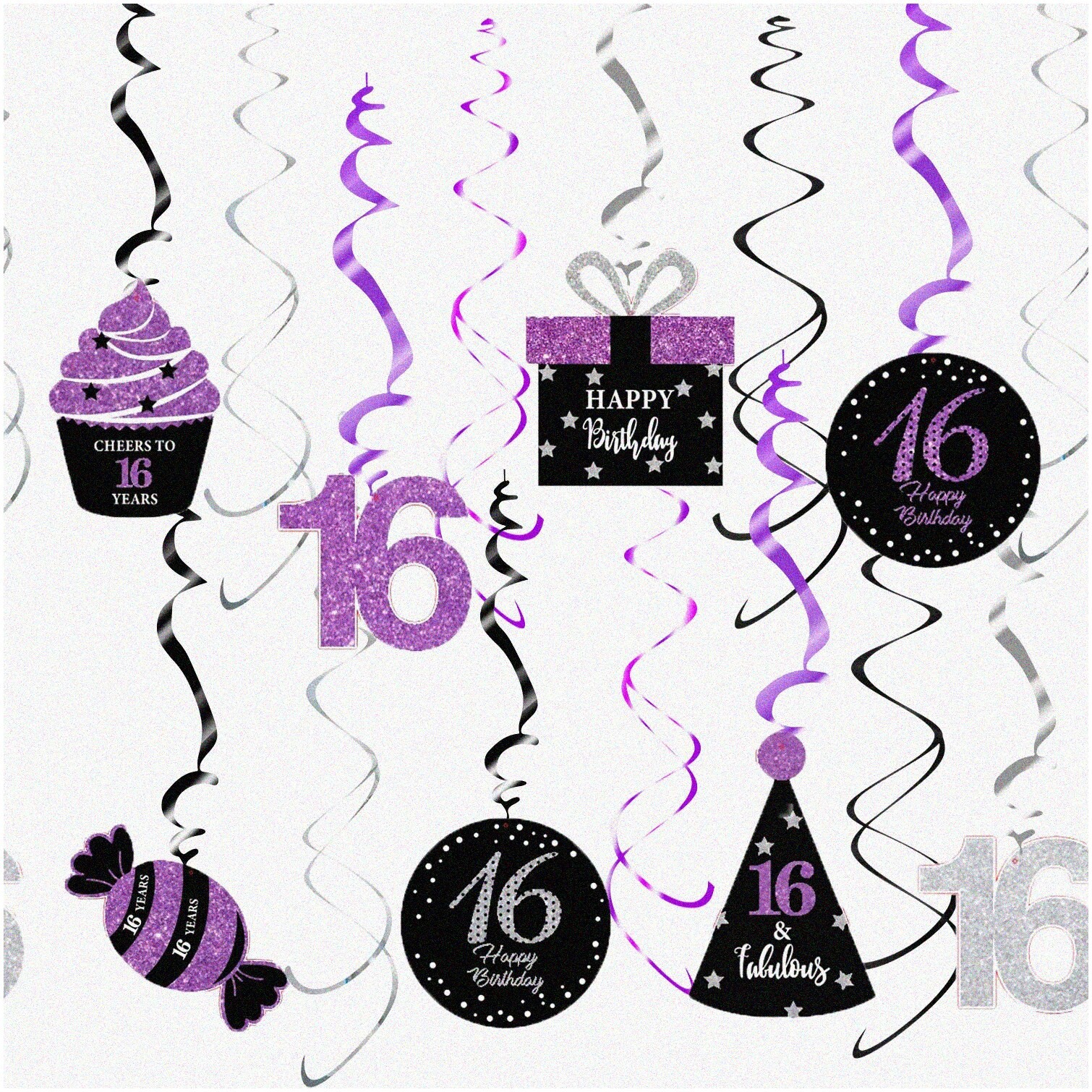 Sweet 16 Hanging Swirl Decorations Purple Silver Black